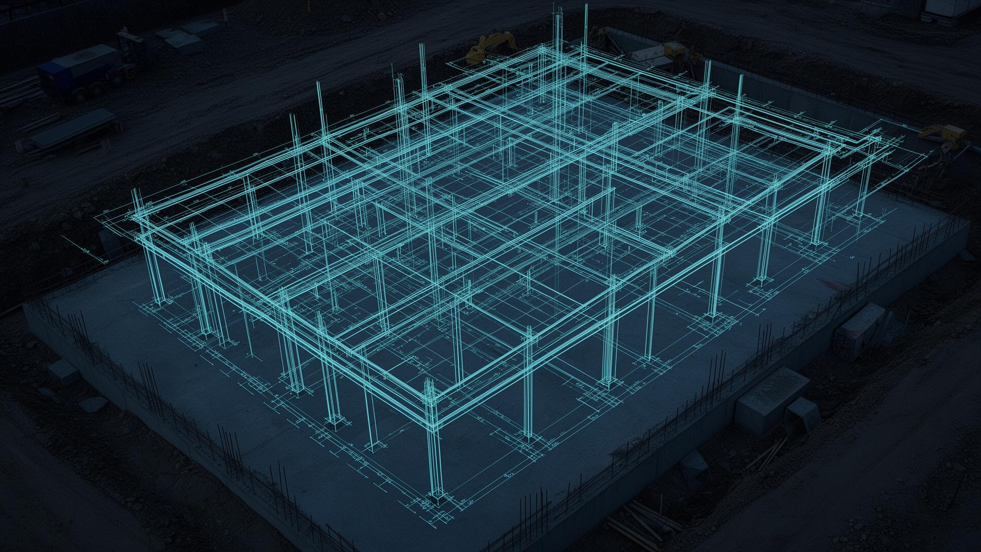 Architectural wireframe overlay on concrete foundation